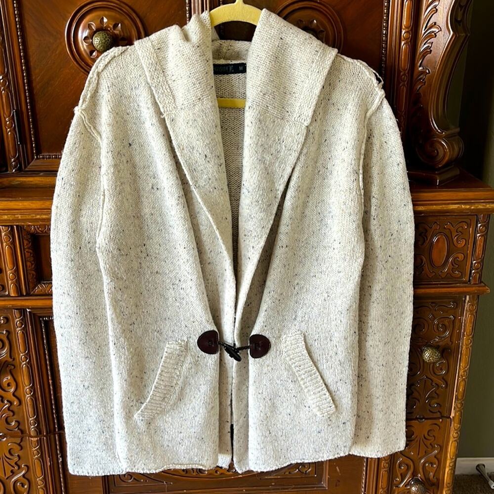 Division E wool blend hood beige long sleeve fisherman academia cardigan sz M